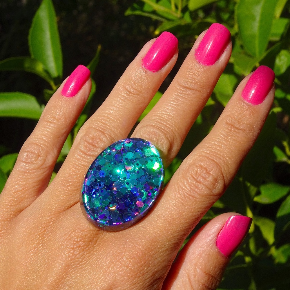 Holographic Blue & Purple Chunky Metallic Glitter Oval Resin Festival Ring